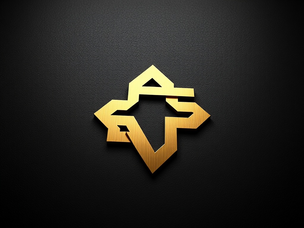 Abstract geometric logo mark made of polished brass, on a dark textured surface, dramatic lighting, 8k photorealistic.